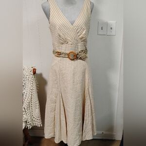Vintage bandolino Yellow White Striped Dress Size 10  Boho Beachy Vacation...